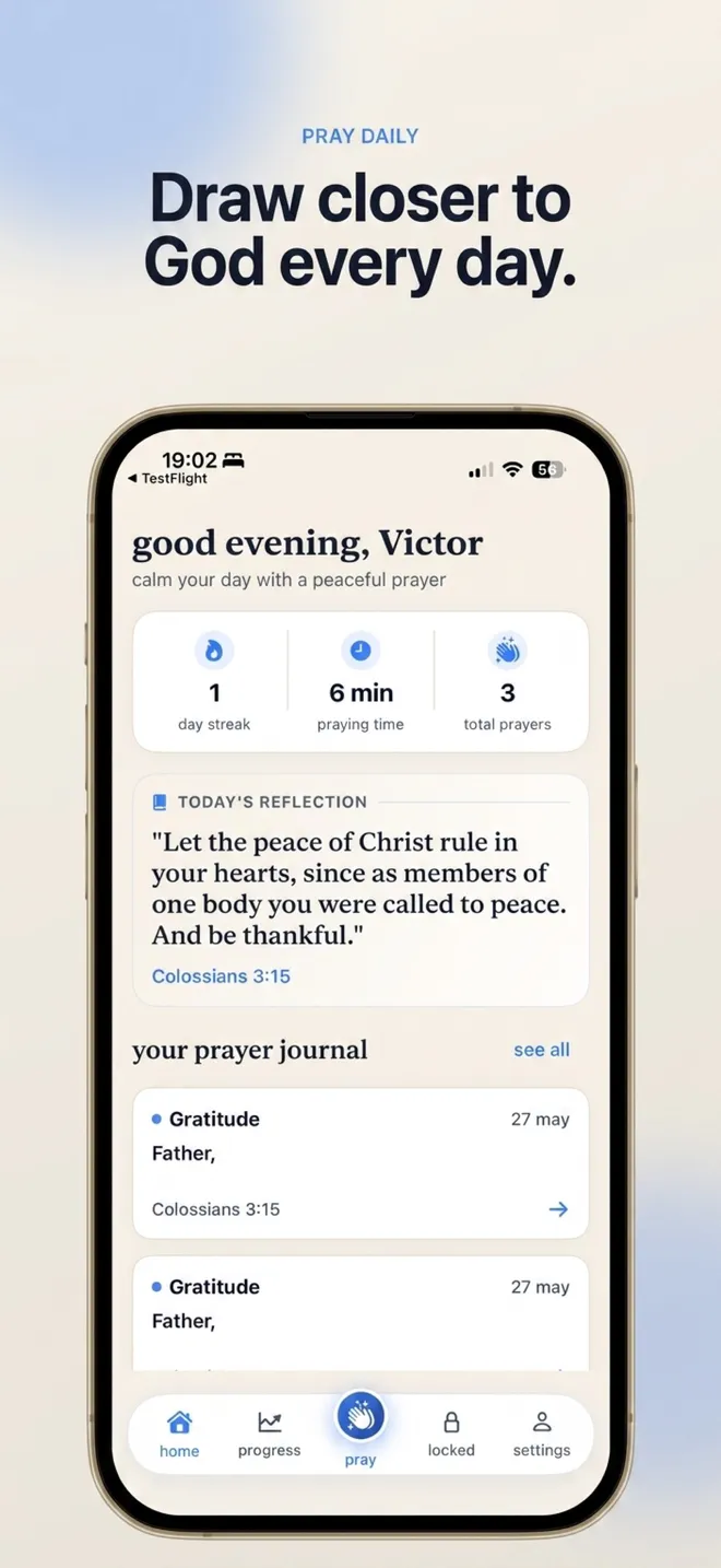 Pantalla de inicio de Faithlocked con reflexión diaria y diario de oración