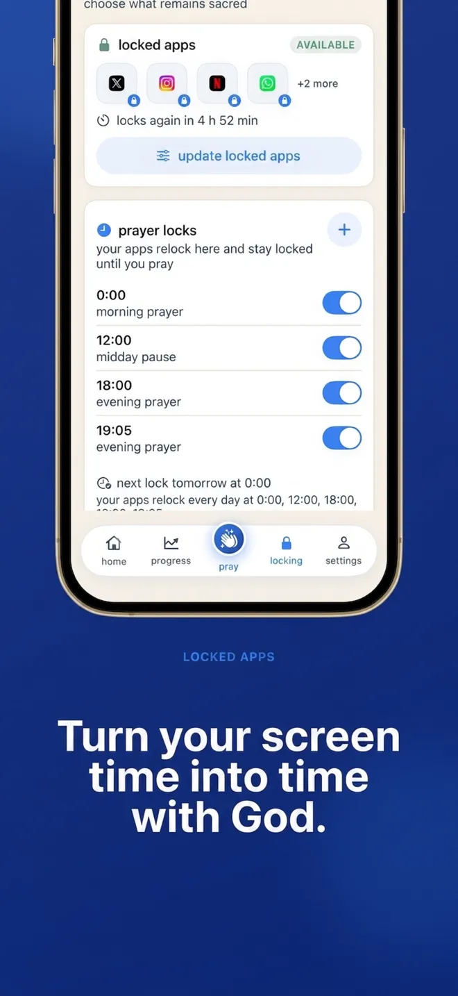 Horario de Faithlocked con apps bloqueadas y momentos diarios de oración